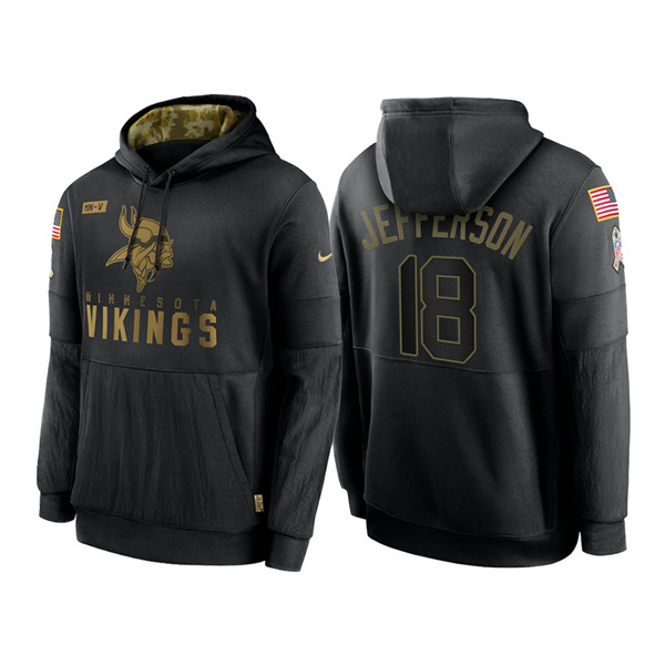 Men's Minnesota Vikings #18 Justin Jefferson 2020 Black Salute to Service Sideline Performance Pullover Hoodie